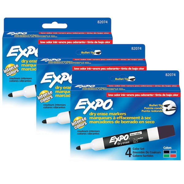 Expo Low Odor Dry Erase Markers, Bullet Tip, Assorted Colors, 4/Pk, PK3 82074 - main